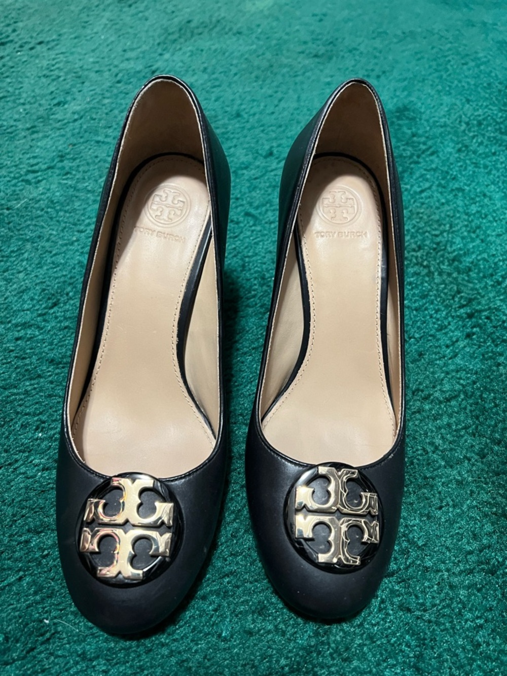 Tory Burch Black Leather block heels with Gold Logo Medallion